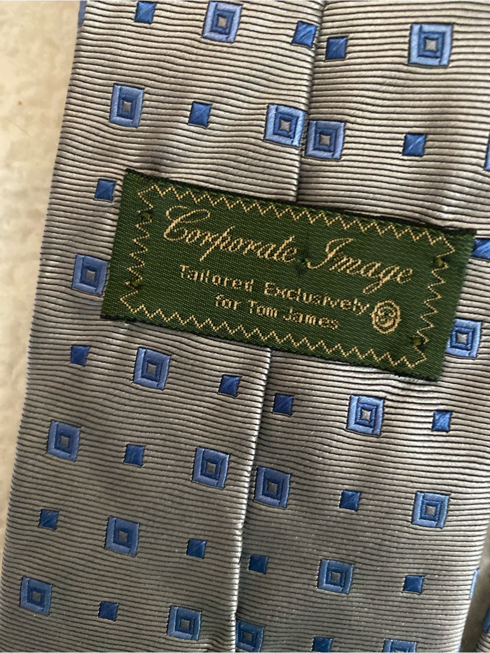 Silver Tie with Blue Geometric Squares